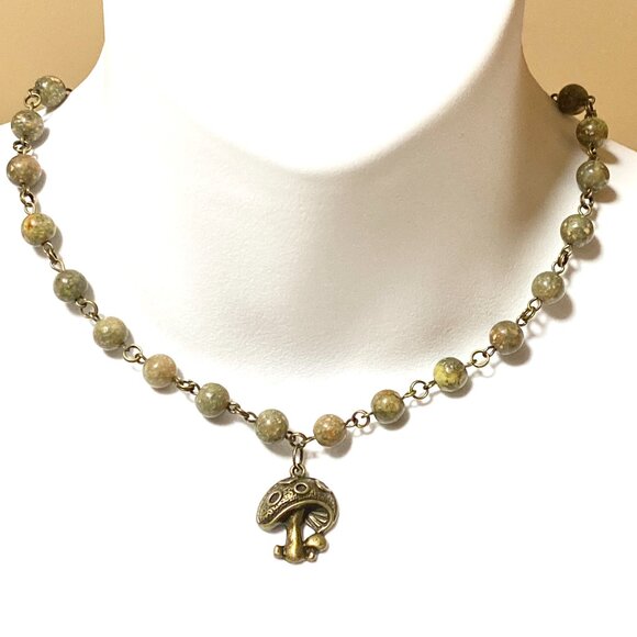 Natural Earthy Unakite Necklace, Cute Bronze Round Mushroom + Genuine Gemstone - Picture 2 of 16
